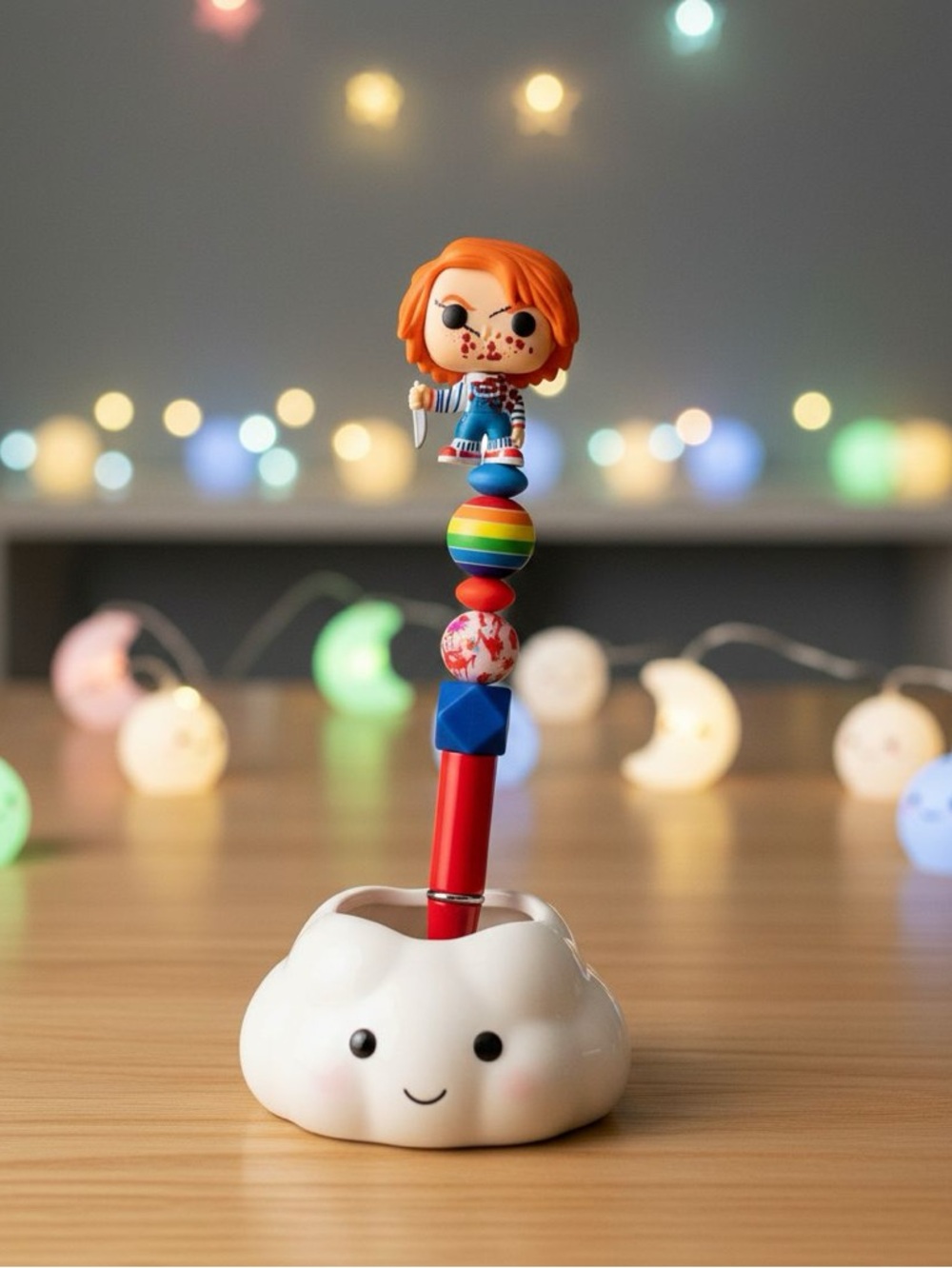 Red Character chucky  Pen with Rainbow Beads - Unbranded